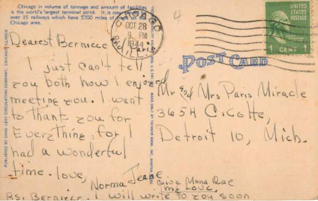 <p>Courtesy of Sotheby's/Newsmakers/Getty</p> A postcard written by Marilyn Monroe addressed to Mr. and Mrs. Paris Miracle, her half-sister Berniece and her husband, postmarked Oct 28, 1944.