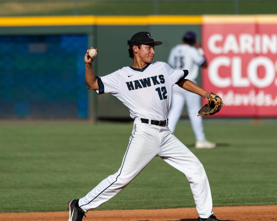 Michael Martinez of Hendrickson throws to first for the South team during the Austin Area Baseball Coaches Association All-Star game, which was played at Dell Diamond in Round Rock on Sunday. The North and South teams played to a 7-7 tie.