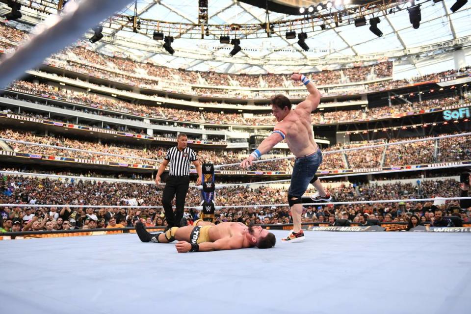 John Cena meets Austin Theory to open WrestleMania 39 at SoFi Stadium in Inglewood, California on Saturday, April 1, 2023. WWE