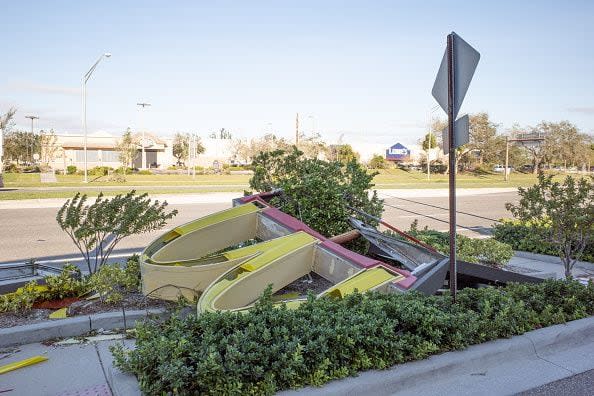 Damage to a McDonald's restaurant following Hurricane Ian in Venice, Florida, US, on Thursday, Sept. 29, 2022. Ian, now a hurricane again, is threatening to carve a new path of destruction through South Carolina Friday when it roars ashore north of Charleston. Photographer: Tristan Wheelock/Bloomberg via Getty Images