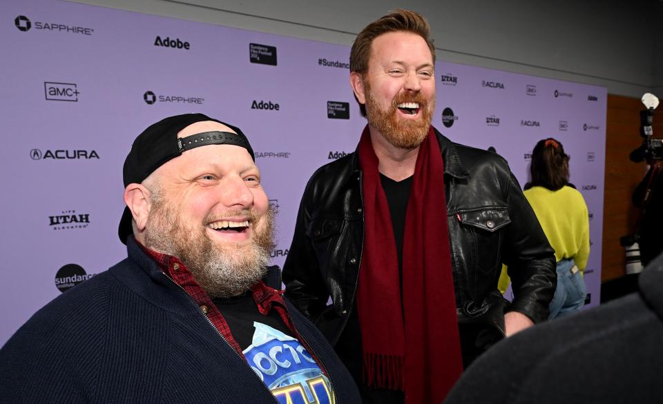 Producers Chris Wyatt and Sean Covel talk with media as members of the movie “Napoleon Dynamite” gather at Sundance in Park City for a special showing at The Ray Theatre on Wednesday, Jan. 24, 2024. | Scott G Winterton, Deseret News