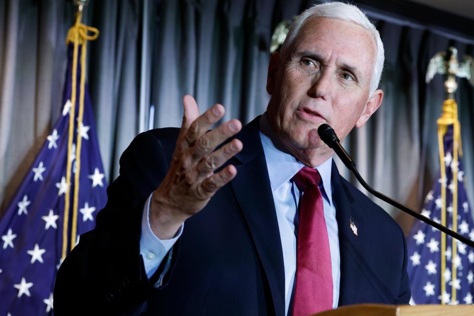 Former Vice President Mike Pence gives remarks at the Calvin Coolidge Foundation's conference at the Library of Congress on February 16, 2023 in Washington, DC.