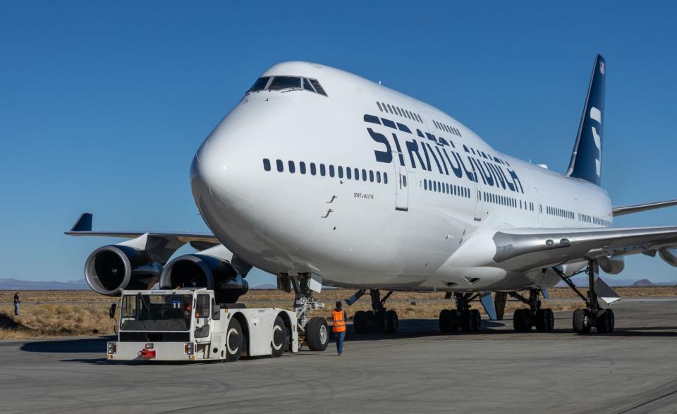 Stratolaunch's Boeing 747 after landing at the Mojave Air and Space Port.