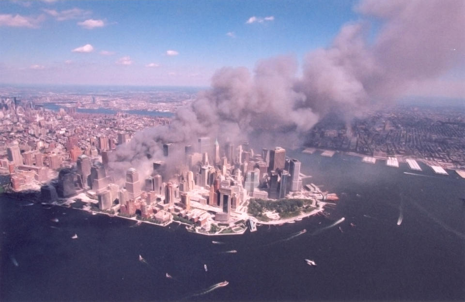 An aerial view of ground zero burning after the September 11 terrorist attacks. (Photo Credit: NIST)