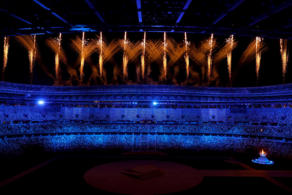 <p>Fireworks and the Olympic Flame are seen during the Closing Ceremony of the Tokyo 2020 Olympic Games at Olympic Stadium on August 08, 2021 in Tokyo, Japan. (Photo by Steph Chambers/Getty Images)</p> 
