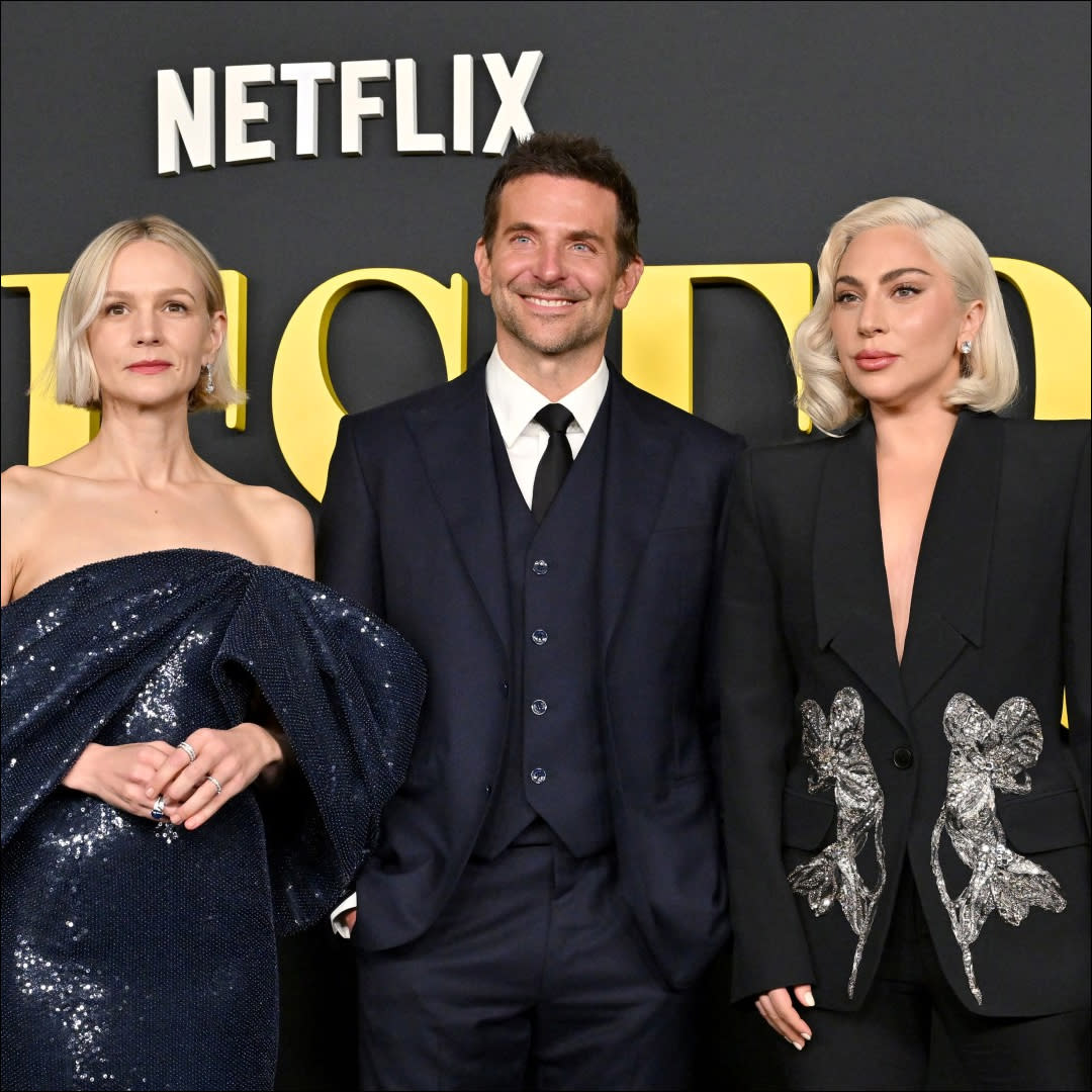  Carey Mulligan, Bradley Cooper, and Lady Gaga at the photo call for Maestro on December 12, 2023. 