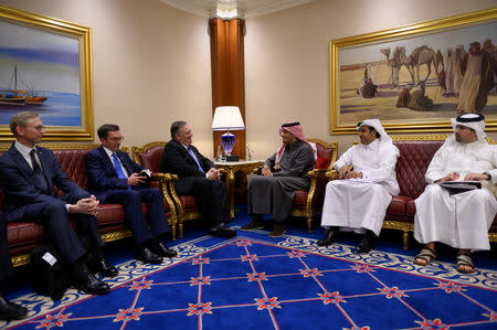 U.S. Secretary of State Mike Pompeo meets with Mohammed bin Abdulrahman bin Jassim Al Thani, the Deputy Prime Minister and Qatari Minister of Foreign Affairs, at the Sheraton Grand in the Qatari capital Doha, Qatar January 13, 2019. Andrew Caballero-Reynolds/Pool via Reuters