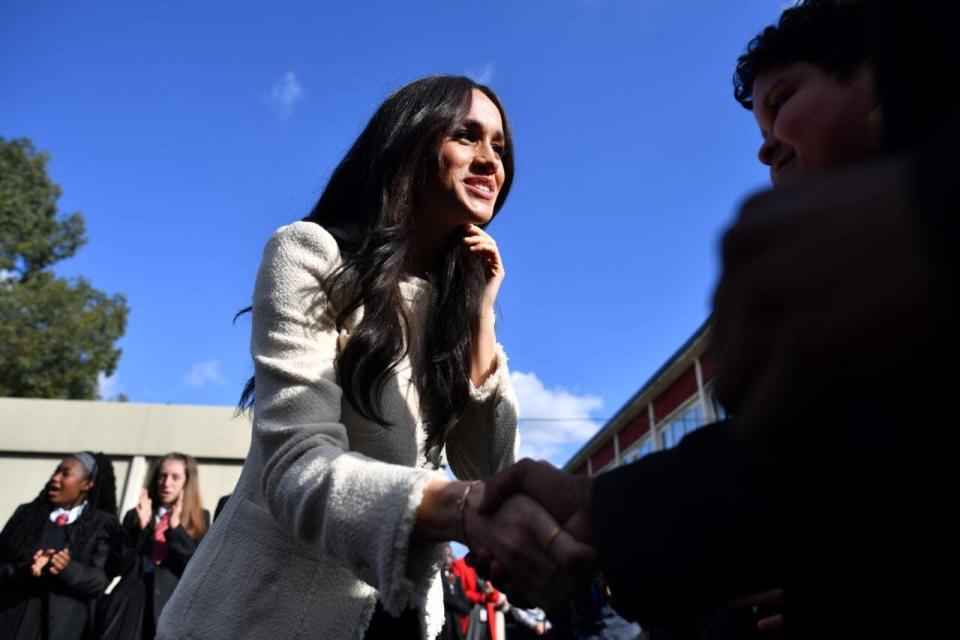 Meghan, Duchess of Sussex visits the the Robert Clack Upper School in Dagenham to attend a special assembly ahead of International Women’s Day (IWD) held on Sunday 8th March, on March 6, 2020 in London, England. (Photo by Ben Stansall-WPA Pool/Getty Images)