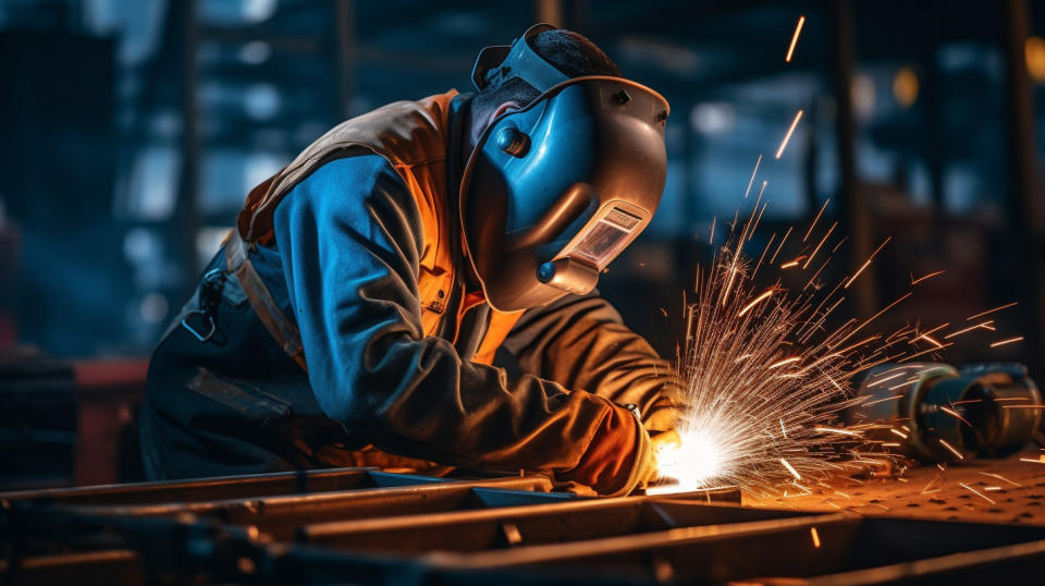 A close-up shot of a worker welding steel beam together in a large steel foundry.