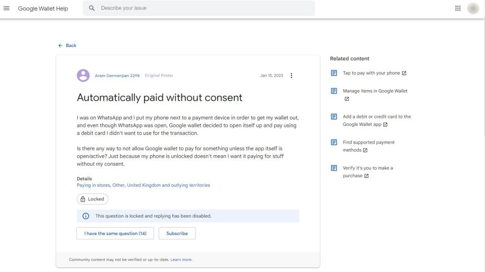 Google Wallet support page complaint about non-consensual payment