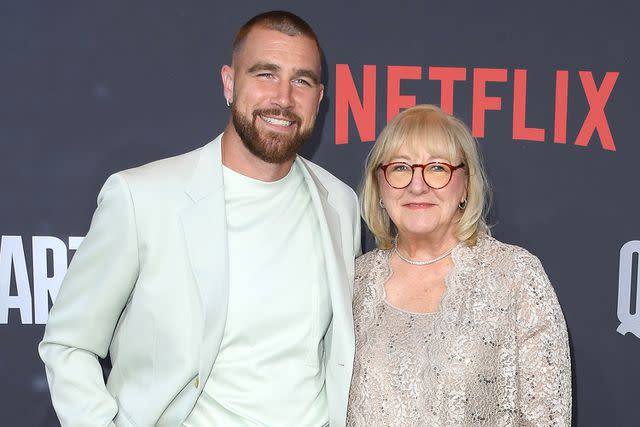 <p>Steve Granitz/FilmMagic</p> Travis Kelce, Donna Kelce arrives at the Los Angeles Premiere Of Netflix's "Quarterback" at TUDUM Theater on July 11, 2023 in Hollywood, California