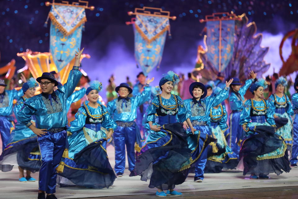 Performers from the People’s Association at a rehearsal of National Day Parade 2019, dressed in ethnic costumes performing traditional ethnic dances in Act 3, Our River. (PHOTO: NDP 2019 Exco)