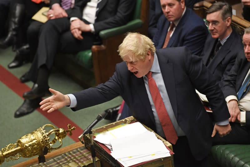 Britain's Prime Minister Boris Johnson speaks during the weekly question time debate in Parliament in London