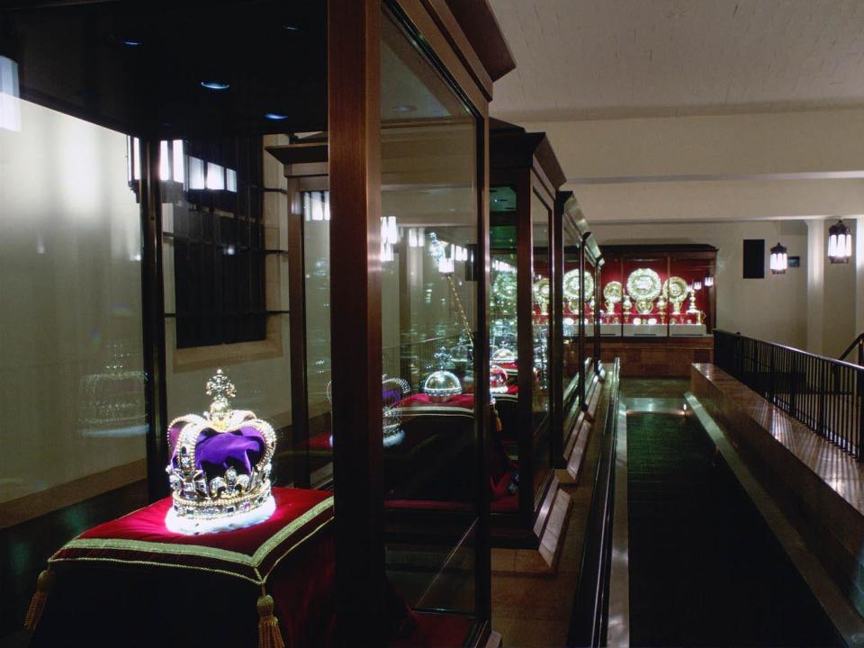 The crown jewels on display inside the Tower of London.