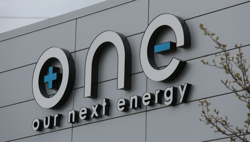 The logo for Our Next Energy is seen outside the company's headquarters in Novi