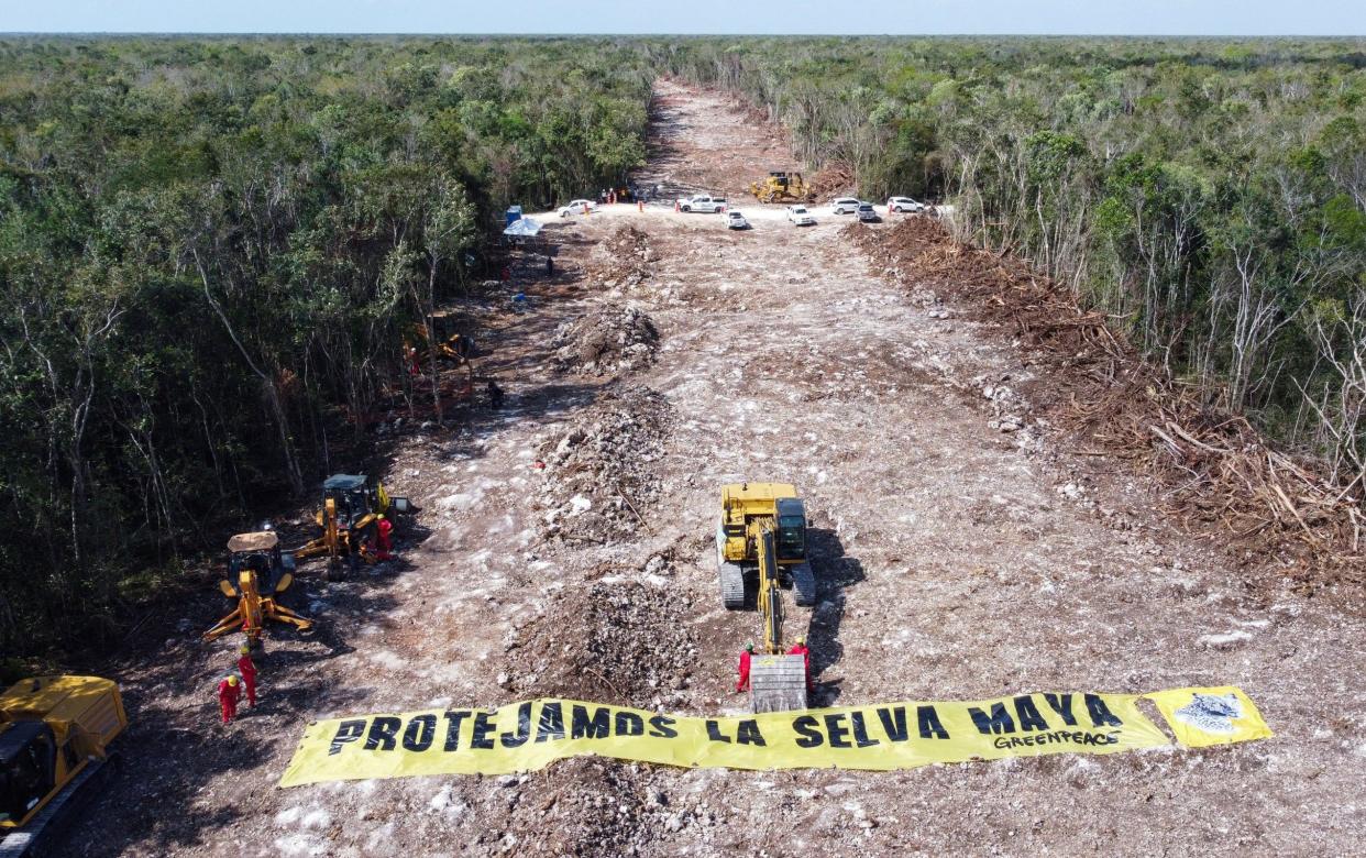 Greenpeace activists protest at one of the construction sections of the Mayan train due to the environmental impact and the destruction of the jungle caused by the project, in Playa del Carmen, Mexico