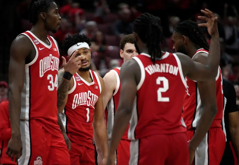 Mar 3, 2024; Columbus, OH, USA; Ohio State Buckeyes guard Roddy Gayle Jr. (1) celebrates his basket during their NCAA Division I Mens basketball game at Value City Arena.