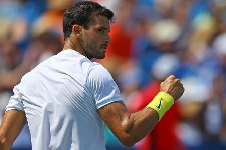 Aug 19, 2017; Mason, OH, USA; Grigor Dimitrov (ESP) reacts against John Isner (USA) during the Western and Southern Open at the Lindner Family Tennis Center. Mandatory Credit: Aaron Doster-USA TODAY Sports