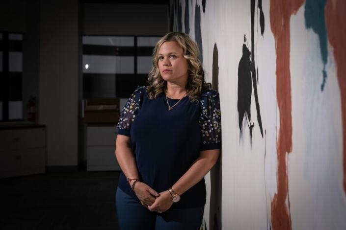 Manhattan Beach, CA - April 11: Michelle Blandin poses for a portrait at the law offices of Taylor &amp; Ring on Tuesday, April 11, 2023 in Manhattan Beach, CA. Michelle Blandin parents and sister were victims of a triple homicide in Riverside that authorities say began with a &quot;catfishing&quot; case involving Blandin&#39;s niece. (Jason Armond / Los Angeles Times)