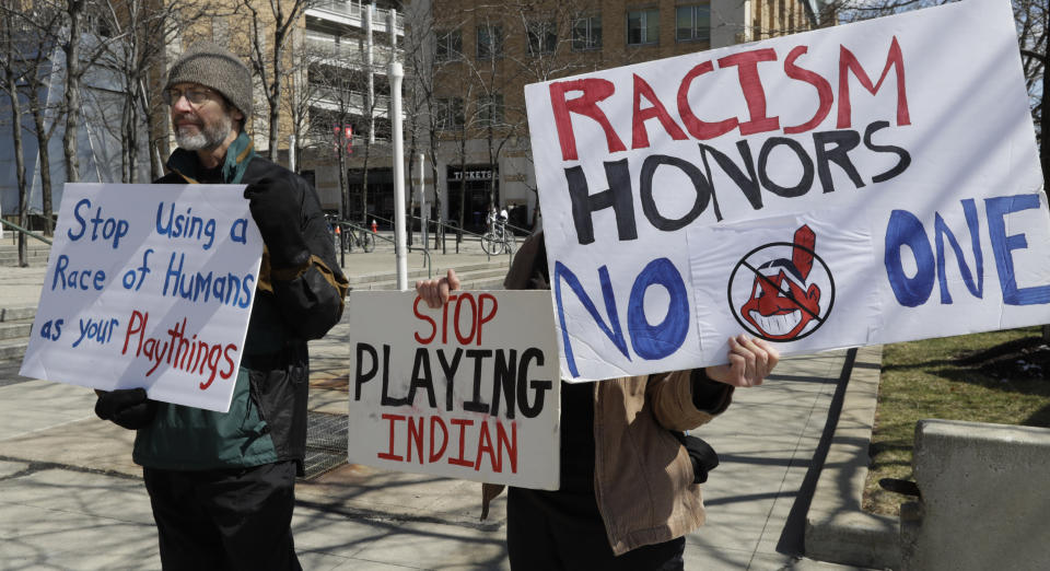 The Cleveland Indians announced plans to change their name following years of protests like this one, from 2019, but the team is not making the change until after 2021.