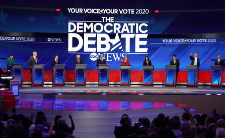 Democratic presidential candidates Klobuchar, Booker, Buttigieg, Sanders, Biden, Warren, Harris, Yang, O'Rourke and Castro at the debate in Houston