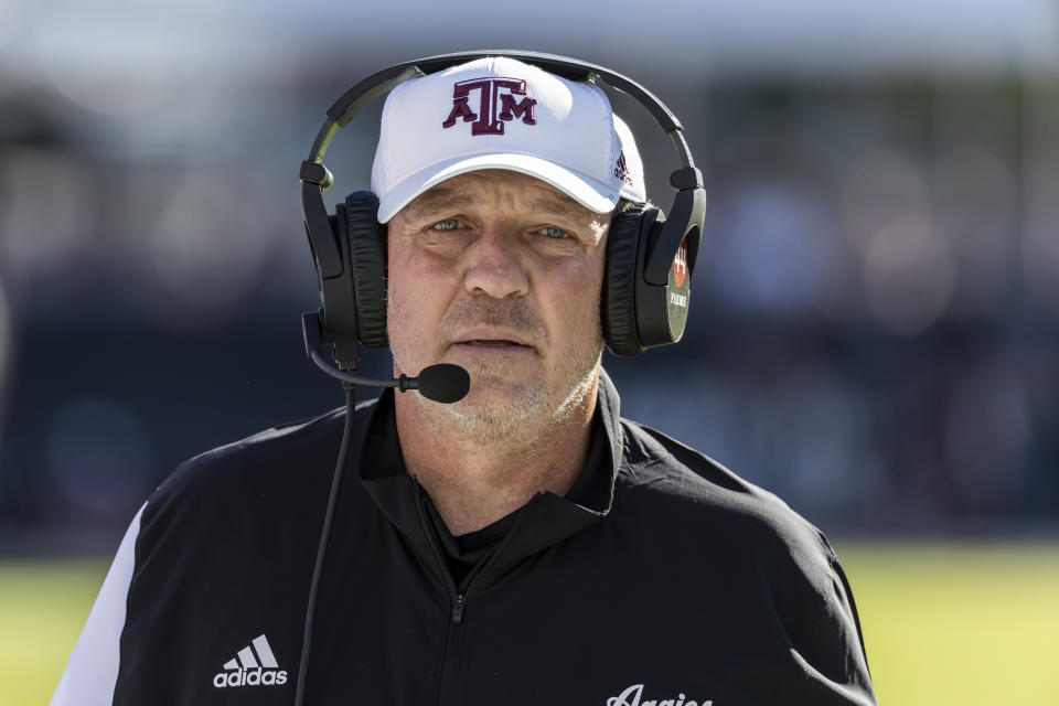 Texas A&M head coach Jimbo Fisher look son as he paces the sidelines during an NCAA football game against Mississippi State, Saturday, Oct. 1, 2022, in Starkville, Miss. (AP Photo/Vasha Hunt)