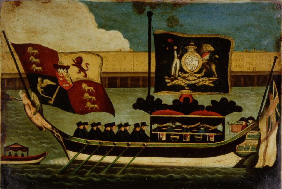 Nelson’s funeral barge rowed from Greenwich to Whitehall: a painting on glass (1806) - Corbis via Getty Images