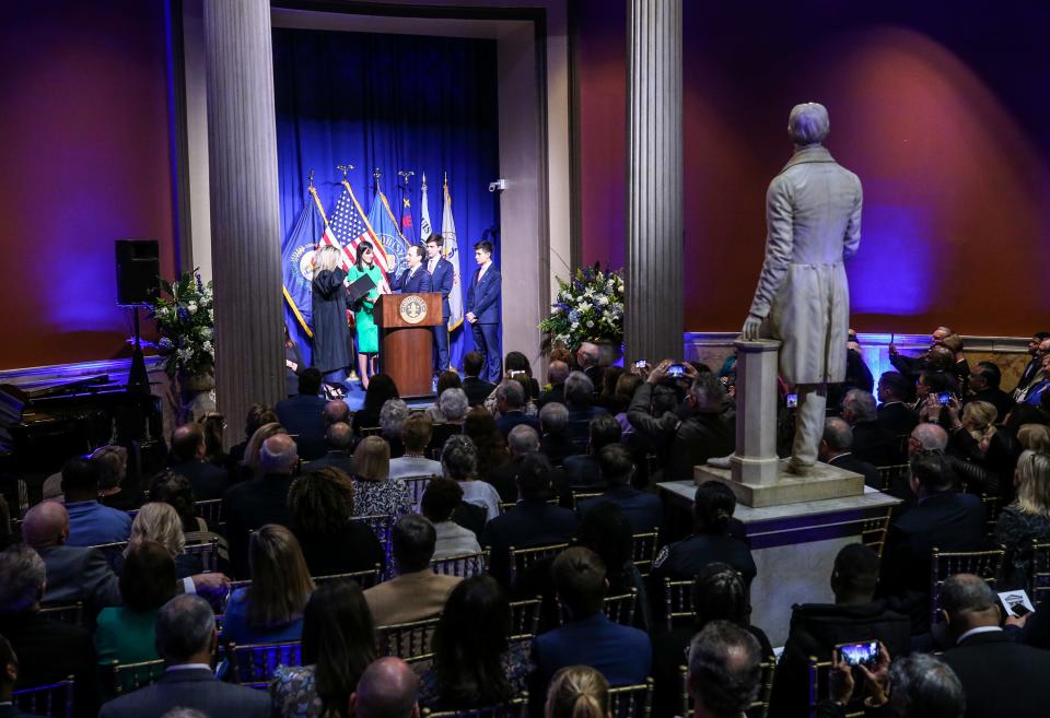 The Oath of Office is administered to Mayor Craig Greenberg by Kentucky Supreme Court Justice Angela Bisig at Metro Hall on Monday, January 2, 2023.  Joining Mayor Greenberg on stage was his wife, Rachel, and sons, Daniel and Benjamin.