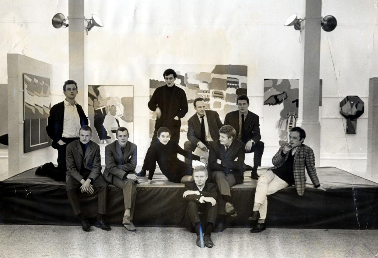 Young artists at the Whitechapel Gallery in 1964. Back row, from left: Patrick Procktor, Peter Phillips, Patrick Caulfield and Derek Boshier. Front row, from left: Paul Huxley, Michael Vaughan, Bridget Riley, Brett Whiteley, John Hoyland and Anthony Donaldson