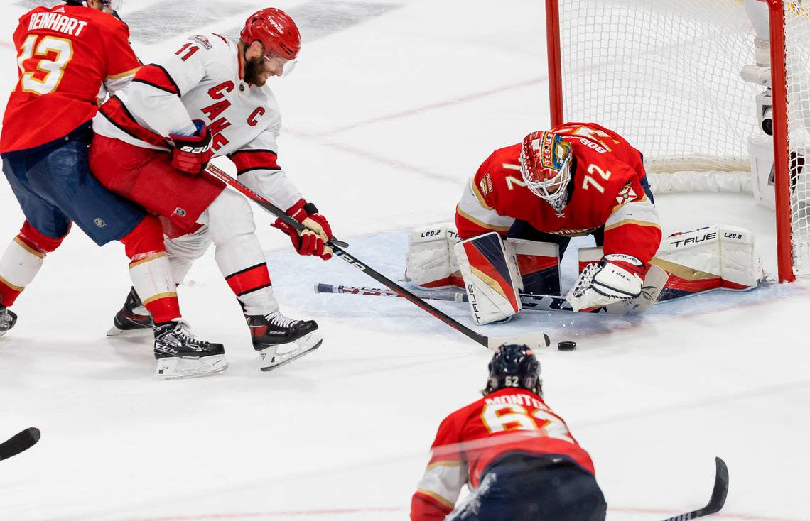 Florida Panthers goaltender Sergei Bobrovsky (72) blocks a shot from Carolina Hurricanes center Jordan Staal (11) in the third period of Game 3 of the NHL Stanley Cup Eastern Conference finals series at the FLA Live Arena on Monday, May 22, 2023 in Sunrise, Fla.