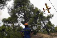 An aircraft operates as a firefighter looks on during a wildfire in Ippokratios Politia village, about 35 kilometres (21 miles) north of Athens, Greece, Friday, Aug. 6, 2021. Thousands of people fled wildfires burning out of control in Greece and Turkey on Friday, as a protracted heat wave turned forests into tinderboxes and flames threatened populated areas, electricity installations and historic sites. (AP Photo/Thanassis Stavrakis)