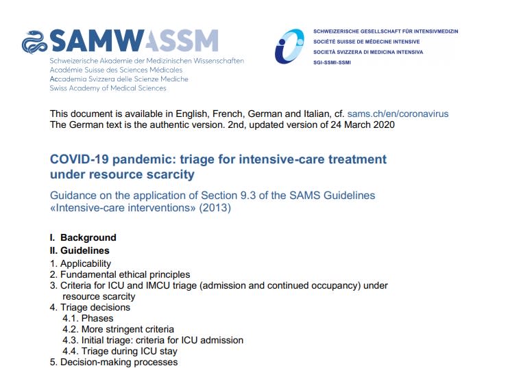 El documento no es noticia, ya que se remonta al 24 de marzo de 2020, aunque proviene de una guía de procedimientos de 2013. (Academia Suiza de Ciencias Médicas)