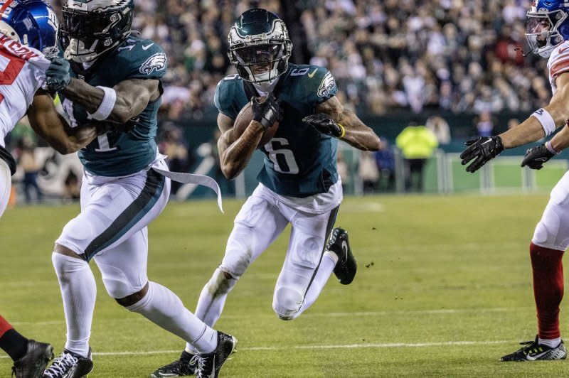 Philadelphia Eagles wide receiver DeVonta Smith can be plugged in as a fantasy football WR2. File Photo by Laurence Kesterson/UPI