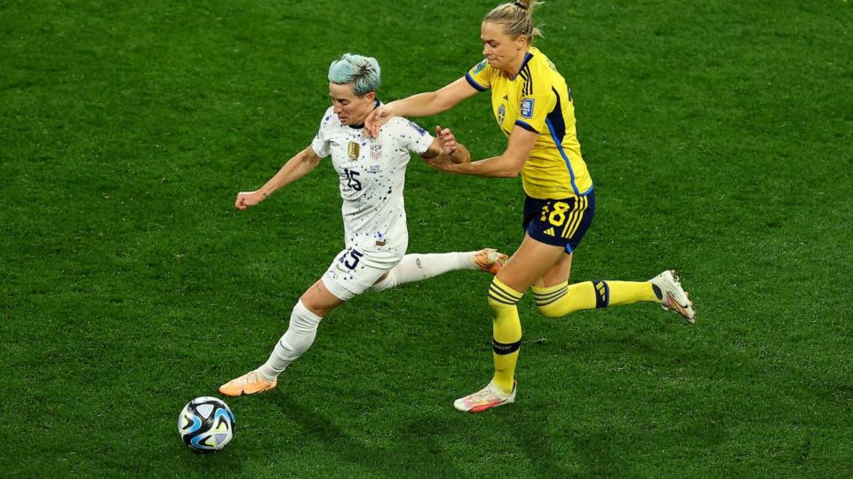 PHOTO: Megan Rapinoe of the U.S. in action with Sweden's Fridolina Rolfo in the Women's World Cup in Melbourne, Australia, on August 6, 2023. (Hannah Mckay/Reuters)