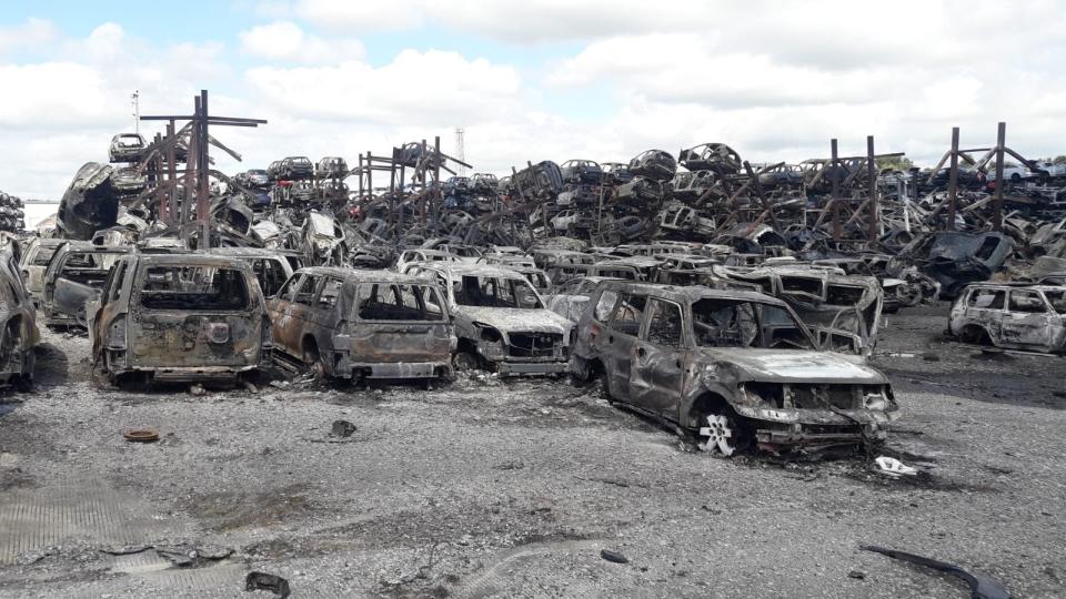Burnt out vehicles on car lot in Carcroft in Doncaster. (PA)