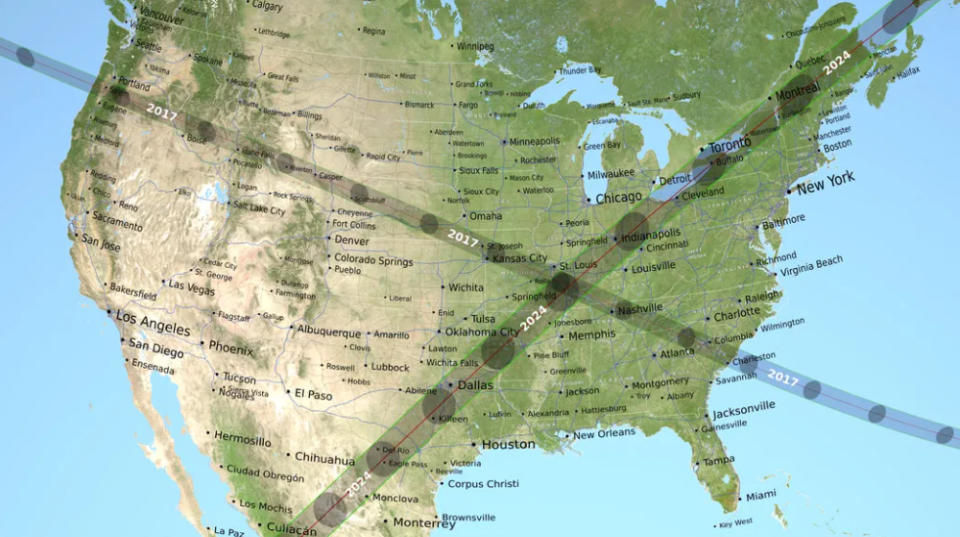 map of the United States with the paths of the 2017 and 2023 total solar eclipses.