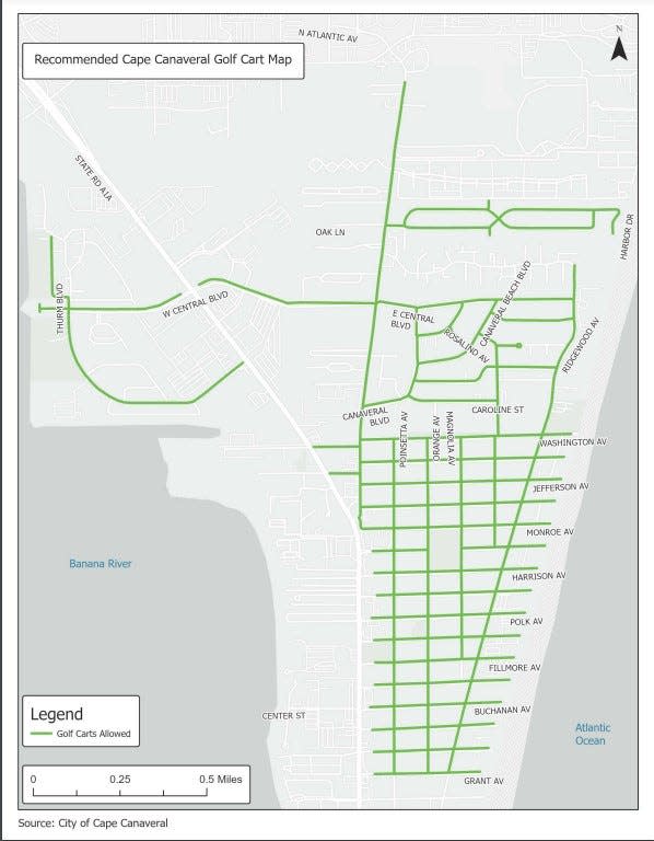 Golf cart map adopted by city of Cape Canaveral designating where golf carts are allowed to be operated.