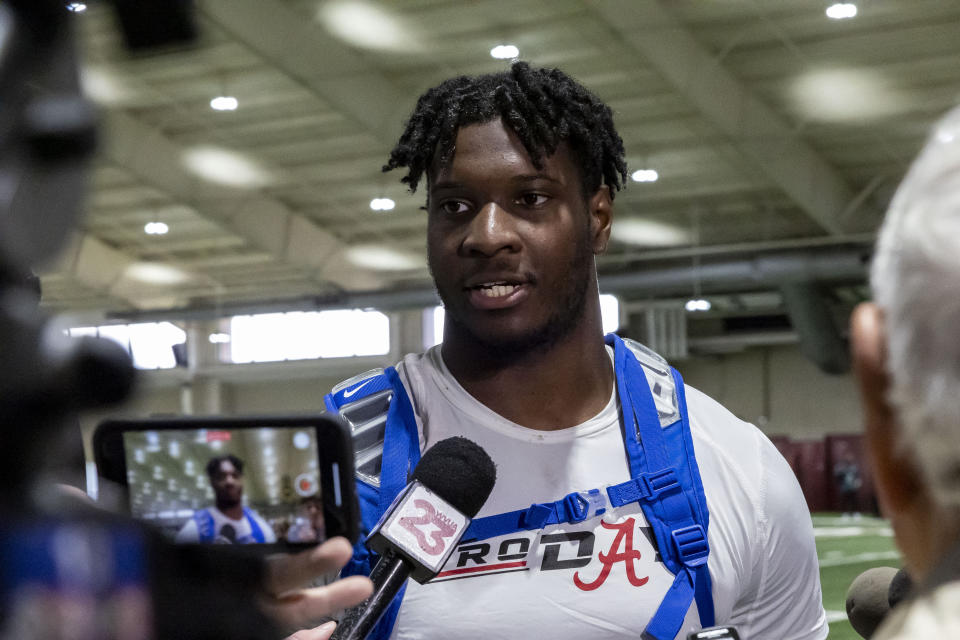 Former Alabama linebacker Chris Braswell talks with the media at Alabama's NFL football pro day, Wednesday, March 20, 2024, in Tuscaloosa, Ala. (AP Photo/Vasha Hunt)