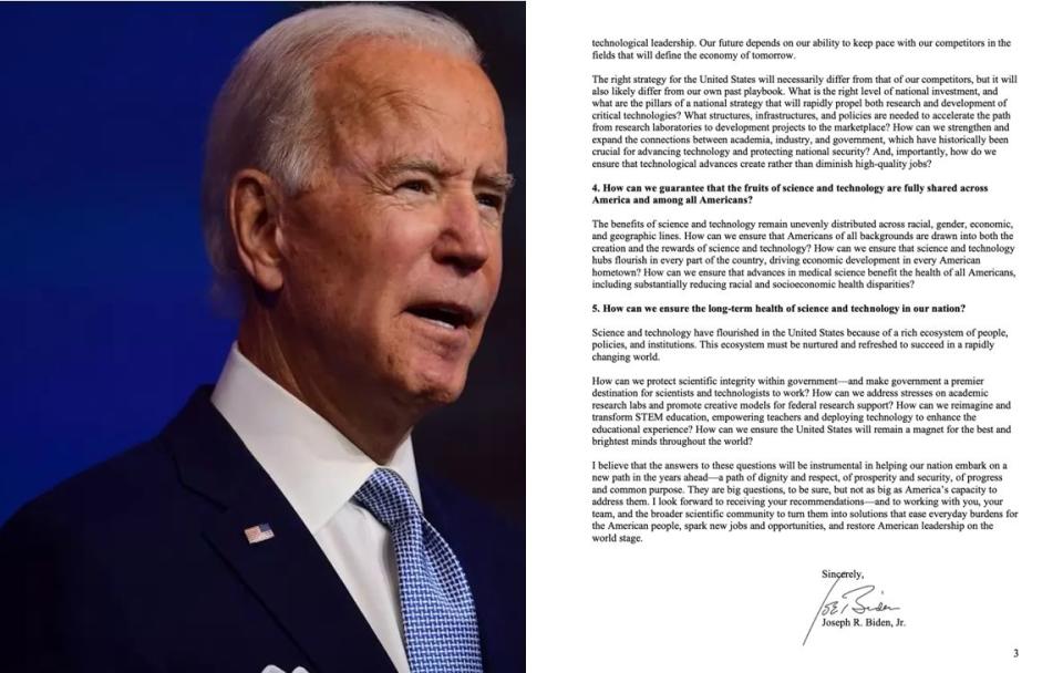 Carta de Joe Biden a su asesor científico en enero de 2021