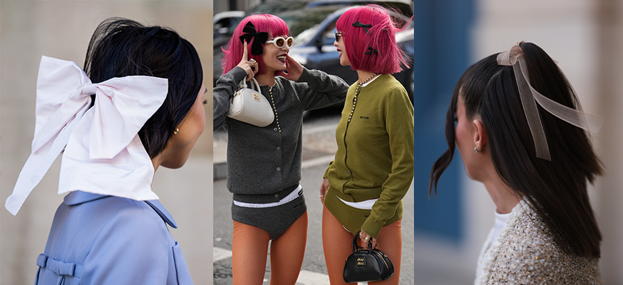 three women wearing hair bows in street style looks