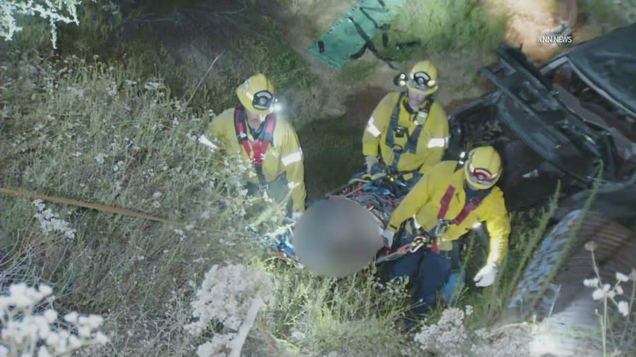 Two people were hospitalized after a crash sent a vehicle flying off a cliff in the Angeles National Forest. (KNN)