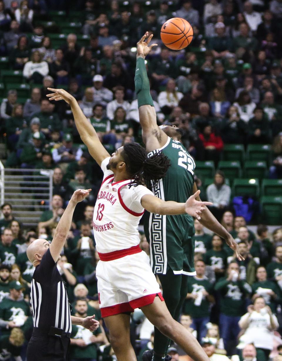 Mady Sissoko gets the tipoff against Derrick Walker of Nebraska during the first half, Tuesday, Jan. 3, 2023, at the Breslin Center in East Lansing.