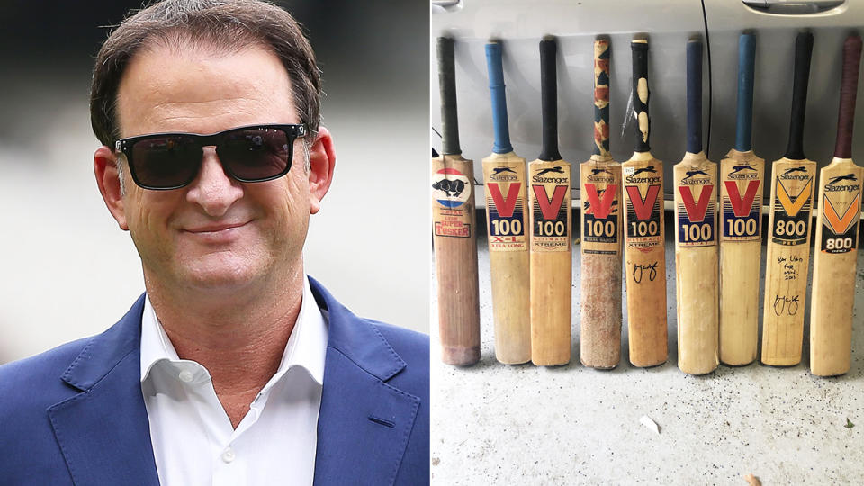 Former Australia cricketer Mark Waugh is pictured in a 50/50 split image next to a picture of his cricket bats.