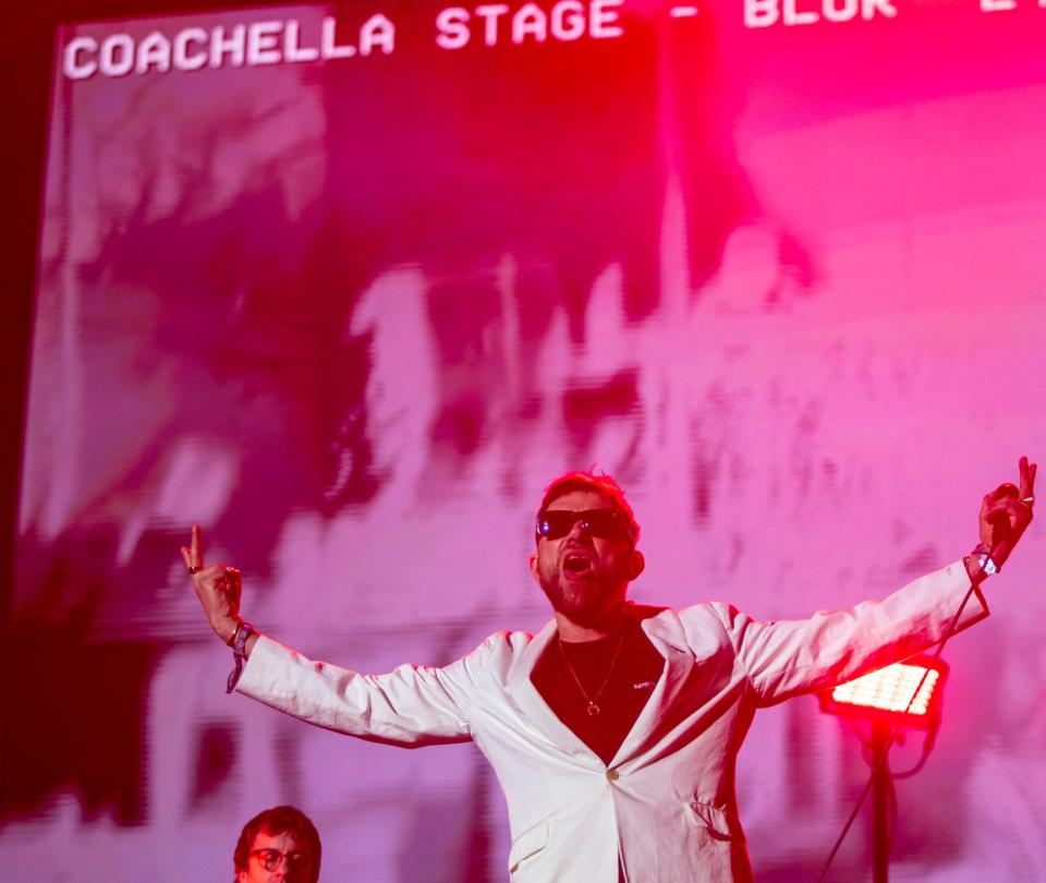 Blur performs on the Coachella Stage during the Coachella Valley Music and Arts Festival in Indio, Calif., Saturday, April 13, 2024.