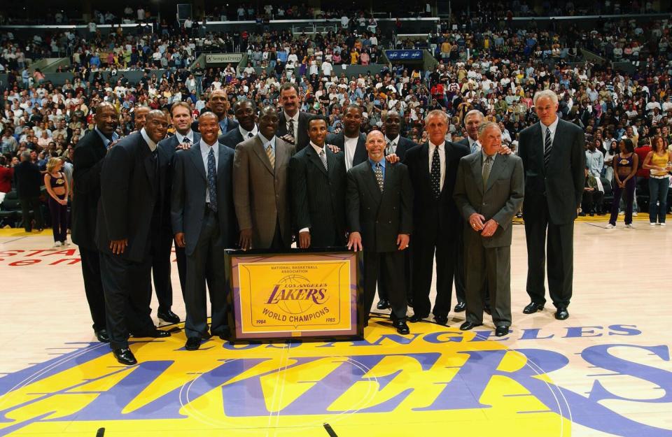 Members of the 1985 Lakers championship team gather for a reunion on April 11, 2005 at Staples Center.