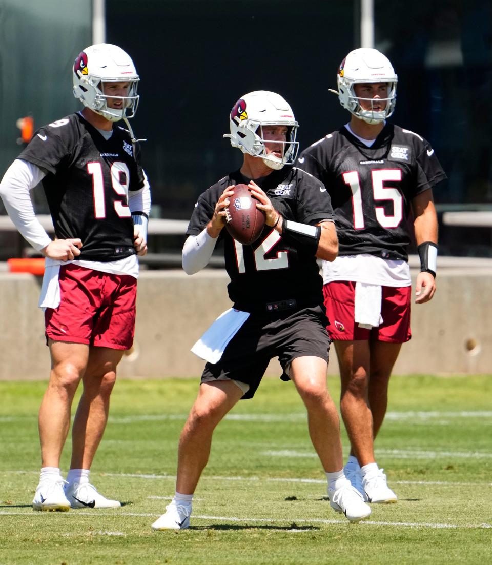 Arizona Cardinals quarterback Colt McCoy (12) during voluntary Organized Team Activities at the Cardinals training center in Tempe on May 22, 2023.