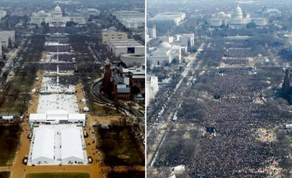 The scene of Donald Trump's inauguration as US President on January 20 2017 (L) and Barack Obama's first swearing in ceremony in 2009: Reuters (L) Getty (R)
