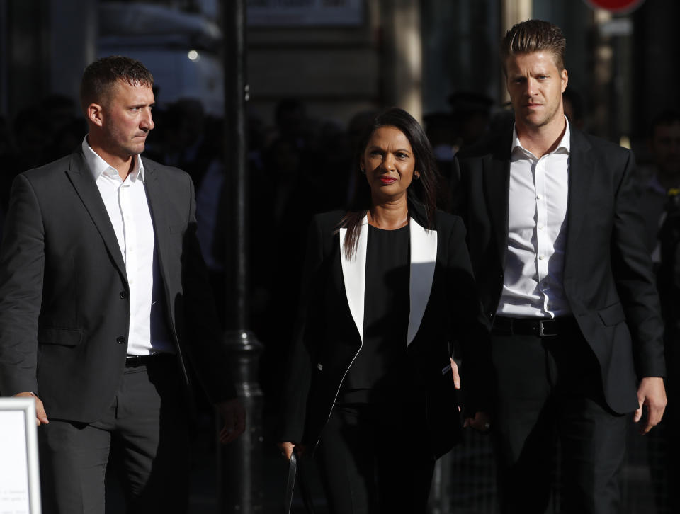 Ant-Brexit campaigner Gina Miller arrives at the Supreme Court in London, Wednesday, Sept. 18, 2019. The Supreme Court is set to decide whether Prime Minister Boris Johnson broke the law when he suspended Parliament on Sept. 9, sending lawmakers home until Oct. 14 — just over two weeks before the U.K. is due to leave the European Union. (AP Photo/Alastair Grant)