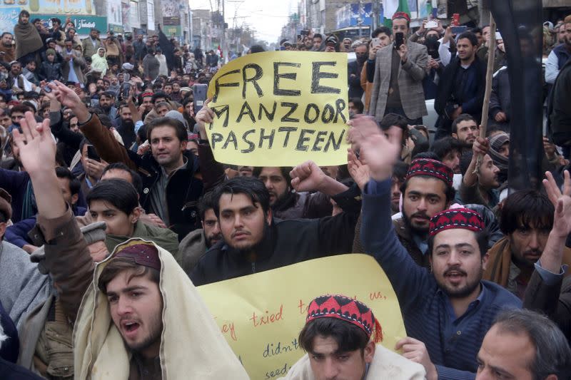 Supporters of Pashtun Tahafuz Movement protest over the arrest of their leader Manzoor Pashteen, in Quetta,