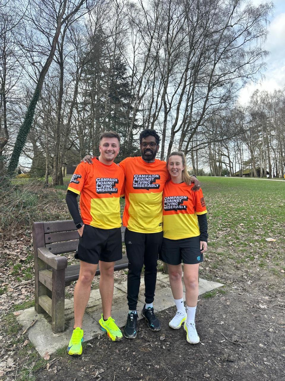 Luke Remfry, Romesh Ranganathan and Natalie Clements meet up during their training for the TCS London Marathon (Calm/PA)